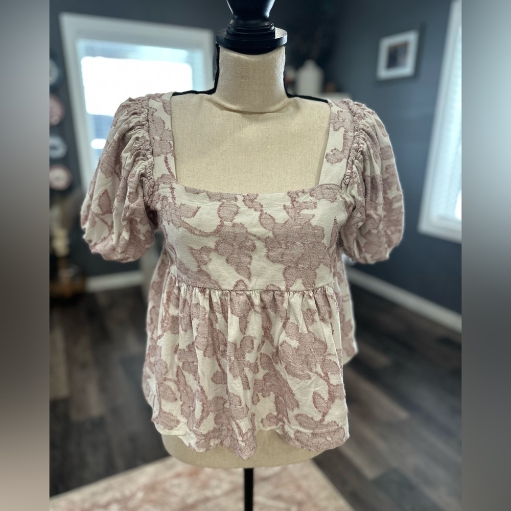 Maeve Anthropologie Square Neck Batia Textured Babydoll Puff Sleeve Top Size XS